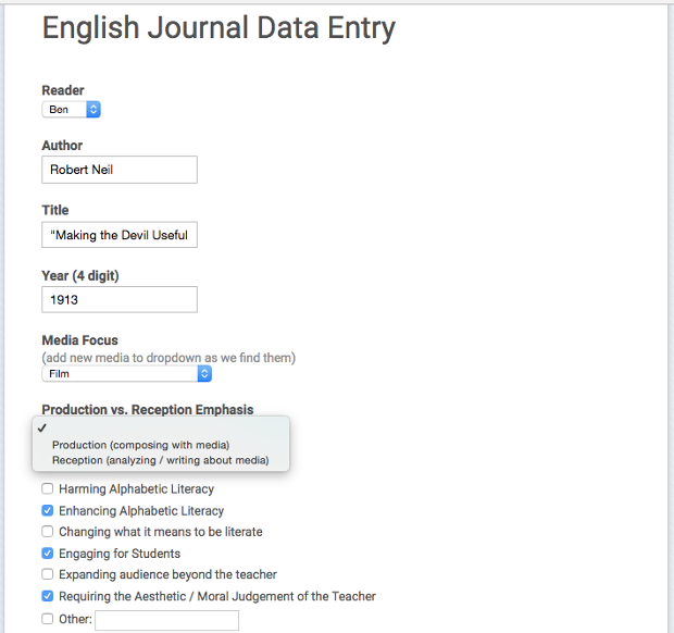 Screenshot of google for we used to collect data, showing feilds for reader (ben or jason), title, author, media, focus and production reception emphasis. The screenshot shows data entered for Michael Neal's 1913 Article about silent film, Making the Devil Useful